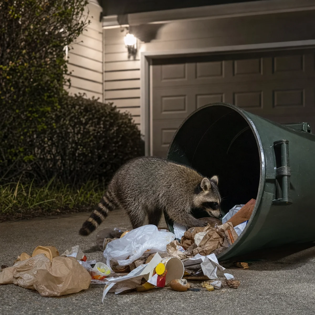Raccoon near garbage cans